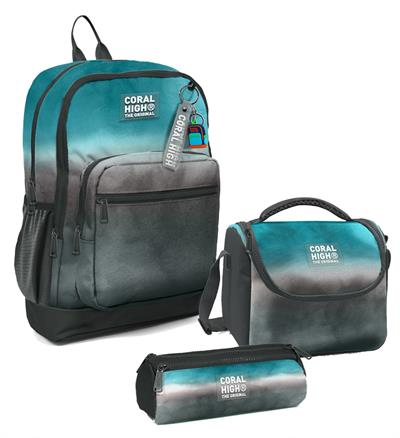 Coral High Erkek Çocuk Üçlü İlkokul Okul Çanta Seti - Turkuaz Gri Batik