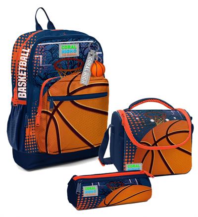 Coral High Erkek Çocuk Üçlü İlkokul Okul Çanta Seti - Turuncu Lacivert Basketbol