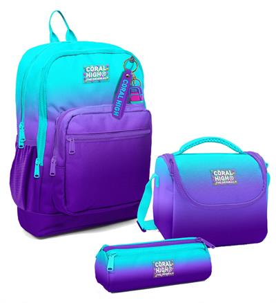 Coral High Erkek Çocuk Üçlü İlkokul Okul Çanta Seti - Turkuaz Mor Renk Geçişli