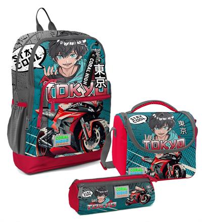 Coral High Erkek Çocuk Üçlü İlkokul Okul Çanta Seti - Gri Nefti Anime Motorsiklet