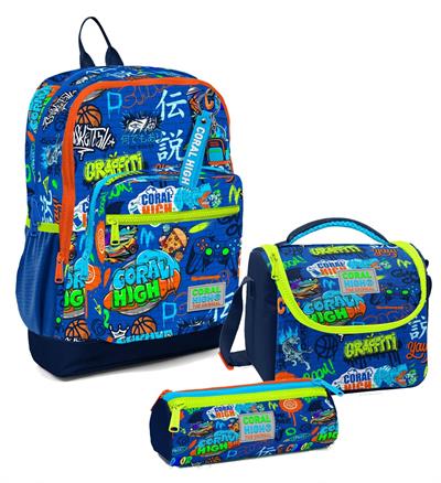 Coral High Erkek Çocuk Üçlü İlkokul Okul Çanta Seti - Saks Grafiti