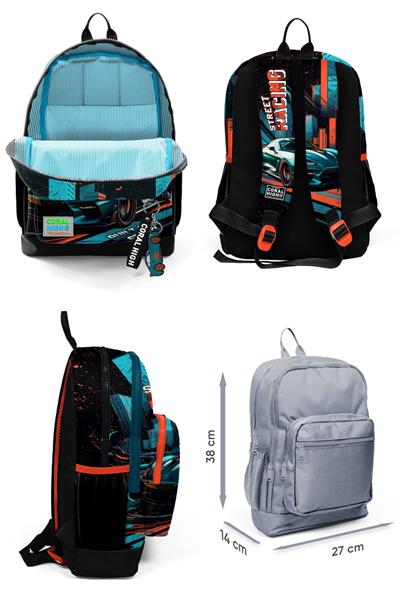 Coral High Erkek Çocuk Üçlü İlkokul Okul Çanta Seti - Siyah Nefti Yarış Arabası