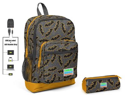 Coral High Erkek Çocuk Yarasa Baskılı İlkokul Sırt Çantası ve Kalemlik Seti - USB Soketli