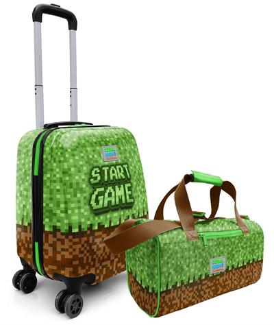 Coral High Erkek Çocuk Yeşil Kahverengi Craft Desenli Çocuk Valizi ve Seyahat/Spor Çantası Seti