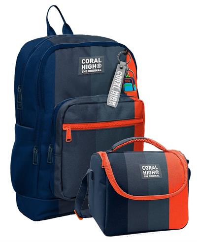 Coral High Erkek Çocuklar İçin Dayanıklı İkili İlk Okul Çanta Seti  - Siyah Turuncu Renkli Çizgili