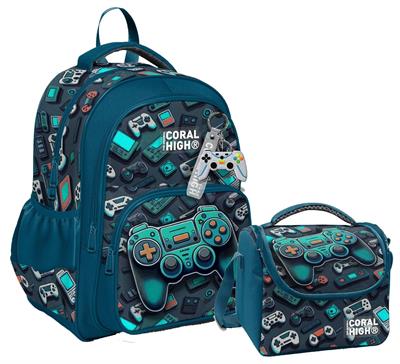 Coral High Erkek Çocuklara Özel İlkokul Çantası ve Beslenme Çantası Takım - Nefti Yeşil Oyun Konsolu