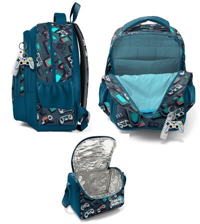 Coral High Erkek Çocuklara Özel İlkokul Çantası ve Beslenme Çantası Takım - Nefti Yeşil Oyun Konsolu