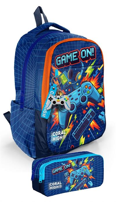 Coral High Erkek İlkokul ve Ortaokul Sırt Çantası+Kalemlik Seti - Lacivert Turuncu Joystick Baskılı