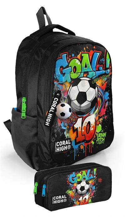 Coral High Erkek İlkokul ve Ortaokul Sırt Çantası+Kalemlik Seti - Siyah Yeşil Goal Baskılı