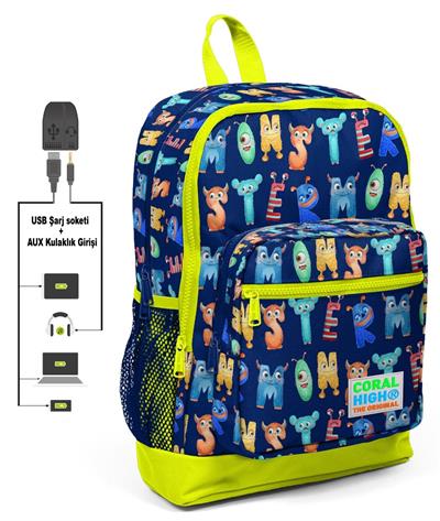 Coral High Erkek Sevimli Harfler Baskılı İlkokul Sırt Çantası ve Kalemlik Seti - USB Soketli