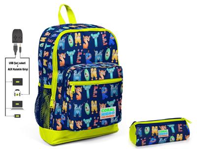 Coral High Erkek Sevimli Harfler Baskılı İlkokul Sırt Çantası ve Kalemlik Seti - USB Soketli