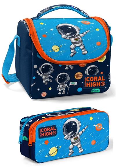 Coral High Erkek Üç Bölmeli Okul Sırt Çantası Beslenme Çantası ve Kalemlik Seti - Lacivert Mavi Astronot