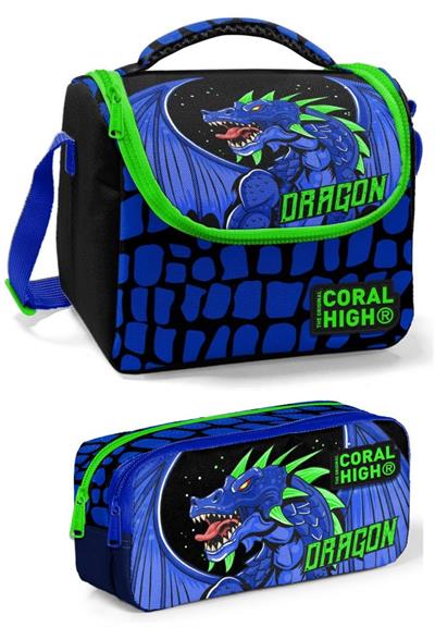 Coral High Erkek Üç Bölmeli Okul Sırt Çantası Beslenme Çantası ve Kalemlik Seti - Mavi Yeşil Dragon