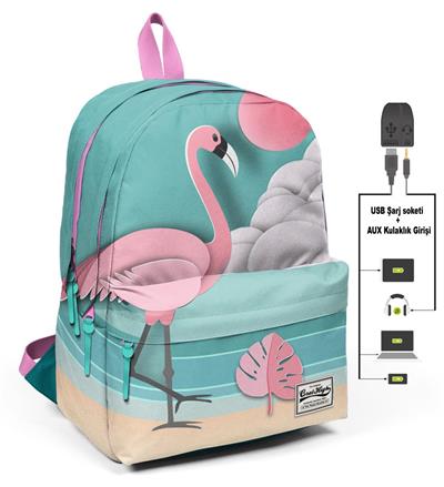 Coral High Flamingolu Üç Gözlü Okul ve Günlük Sırt Çantası - USB+AUX Soketli