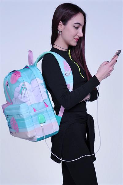 Coral High Flamingolu Üç Gözlü Okul ve Günlük Sırt Çantası - USB+AUX Soketli