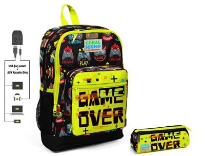 Coral High Game Over Baskılı İlkokul Sırt Çantası ve Kalemlik Seti - Erkek Çocuk - USB Soketli