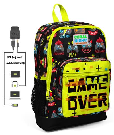 Coral High Game Over Baskılı İlkokul Sırt Çantası ve Kalemlik Seti - Erkek Çocuk - USB Soketli