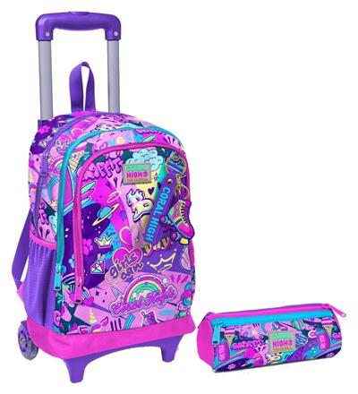 Coral High Grafiti Işıklı Tekerlekli Çekçek Çanta ve Kalemlik Seti - Kız Çocuk