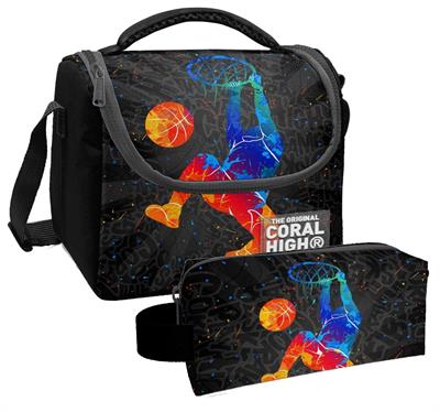 Coral High Gri Basketbol Desenli Erkek Çocuk Isı Yalıtımlı Beslenme Çantası ve Kalemlik Seti