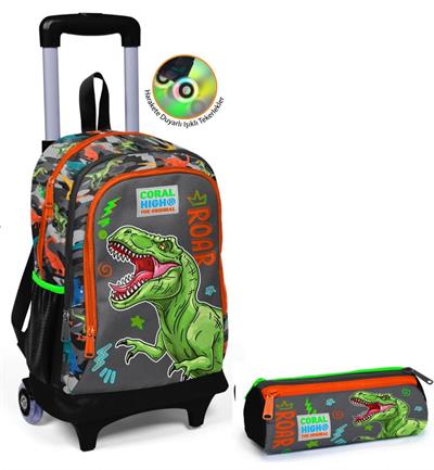 Coral High Gri Dinazor Tekerlekli Okul Çantası ve Kalemlik Seti