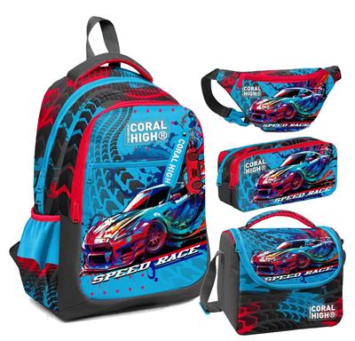 Coral High Gri Mavi Yarış Arabası Desenli Erkek Çocuk Okul Beslenme Kalemlik ve Bel Çantası Seti - İlkokul İçin Uygun
