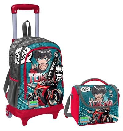 Coral High Gri Nefti Anime Motorsiklet Işıklı Tekerlekli Okul Çantası ve Beslenme Seti - Erkek Çocuk