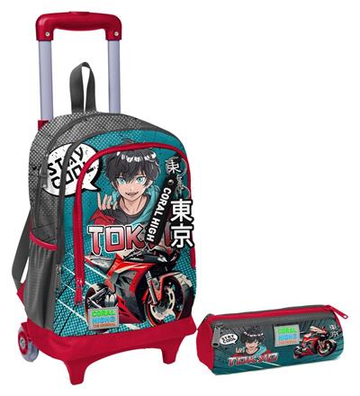 Coral High Gri Nefti Anime Motorsiklet Işıklı Tekerlekli Çekçek Çanta ve Kalemlik Seti - Erkek Çocuk