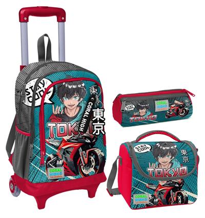 Coral High Gri Nefti Anime Motorsiklet Üçlü Çekçek Işıklı Tekerlekli Çanta Seti - Erkek Çocuk