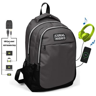Coral High Gri-Sİyah İlk ve Ortaokul Sırt Çantası - USB ve AUX Çıkışlı
