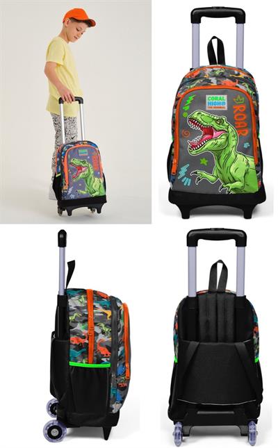 Coral High Gri Yeşil Dinazor Çekçek Okul Çantası ve Beslenme Seti - Işıklı Tekerlekler - Erkek