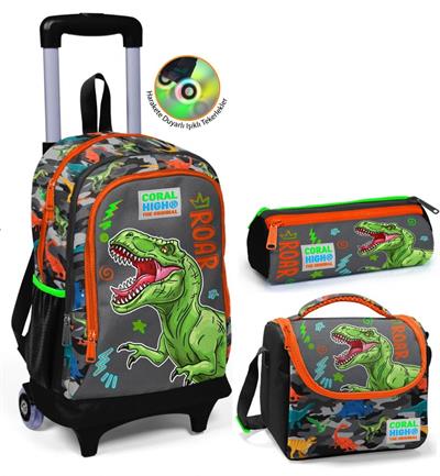 Coral High Gri Yeşil Dinazor Çekçek Okul Çantası Seti - Işıklı Tekerlekler - Erkek
