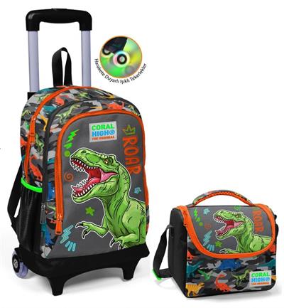 Coral High Gri Yeşil Dinazor Çekçek Okul Çantası ve Beslenme Seti - Işıklı Tekerlekler - Erkek