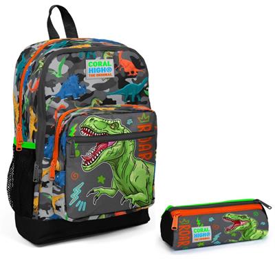 Coral High Gri Yeşil Dinazor İlkokul Sırt Çantası ve Kalemlik Seti - Erkek Çocuk