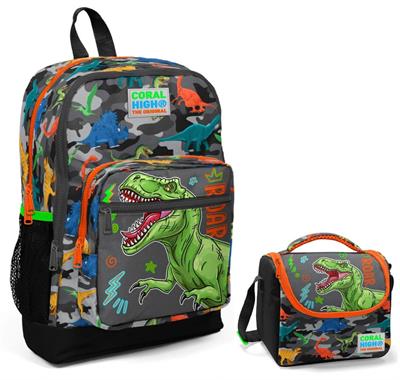 Coral High Gri Yeşil Dinazor Okul Sırt ve Beslenme Çantası Seti - Erkek