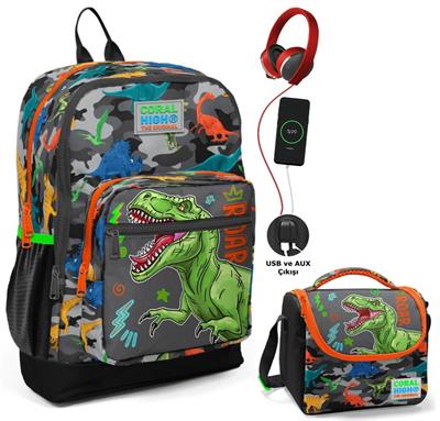 Coral High Gri Yeşil Dinazor Okul ve Beslenme Çantası Seti - Usb Soketli - Erkek Çocuk