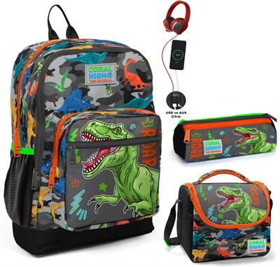Coral High Gri Yeşil Dinazor USB Soketli Üçlü İlkokul Çanta Seti - Erkek Çocuk