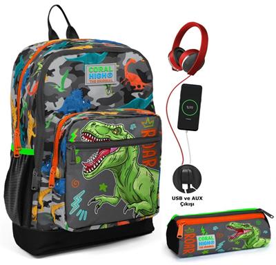Coral High Gri Yeşil Dinazor USB Soketli Okul Çantası ve Kalemlik Seti - Erkek Çocuk