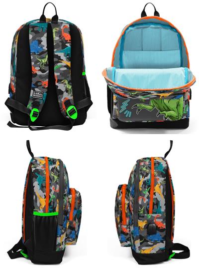 Coral High Gri Yeşil Dinazor USB Soketli Üçlü İlkokul Çanta Seti - Erkek Çocuk