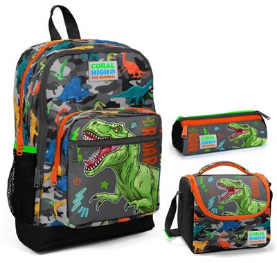Coral High Gri Yeşil Dinazor Üçlü İlkokul Okul Çanta Seti - Erkek Çocuk