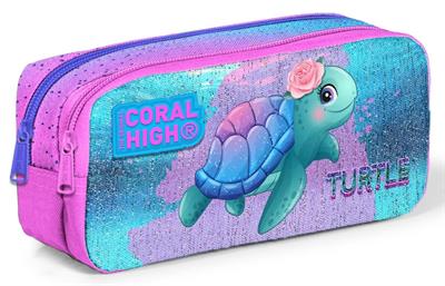 Coral High İki Bölmeli Pembe Yeşil Kaplumbağa Kalem Çantası Kalemlik