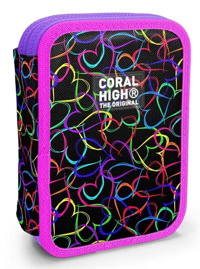 Coral High İki Katlı Düzenleyici Kalem Kutusu - Kalp Baskılı Siyah Pembe, Kız Çocuk, Kalp Baskılı Siyah Pembe 11145