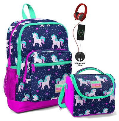 Coral High İlkokul Çanta Seti - USB ve AUX Çıkışlı Pembe Mavi Unicorn - Kız Çocuk