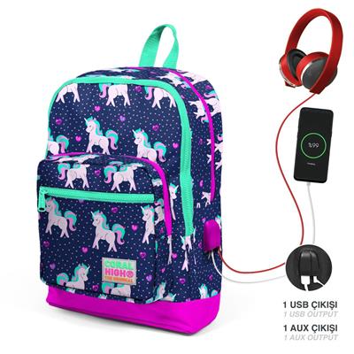 Coral High İlkokul Çanta Seti - USB ve AUX Çıkışlı Pembe Mavi Unicorn - Kız Çocuk
