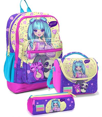 Coral High İlkokul Çantası Seti  Mor Pembe Anime - Kız Çocuk