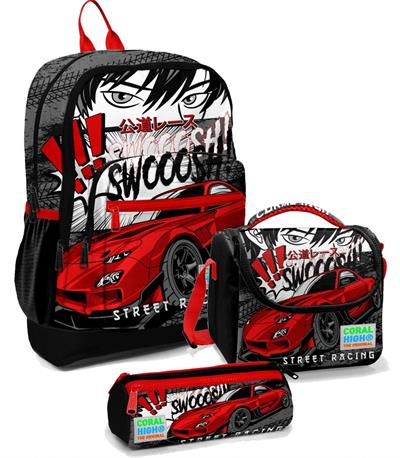 Coral High İlkokul Çantası Seti Siyah Kırmızı Araba - Erkek Çocuk