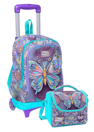Coral High İlkokul Çekçek Çanta ve Beslenme Seti - Kız Çocuk - Pastel Renkli Kelebek Desenli