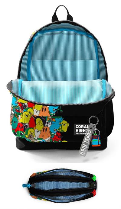 Coral High İlkokul Erkek Çocuklarına Özel Dört Gözlü Sırt Çantası ve Kalemlik Seti- Siyah Hayaletler