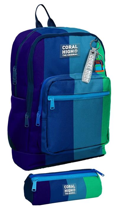 Coral High İlkokul Erkek Çocuklarına Özel Dört Gözlü Sırt Çantası ve Kalemlik Seti- Lacivert Yeşil Renkli Çizgili