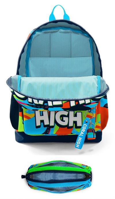 Coral High İlkokul Erkek Çocuklarına Özel Dört Gözlü Sırt Çantası ve Kalemlik Seti- Lacivert Mavi Grafiti