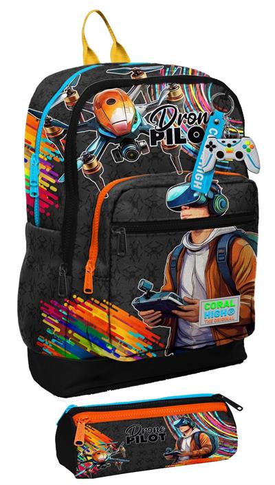 Coral High İlkokul Erkek Çocuklarına Özel Dört Gözlü Sırt Çantası ve Kalemlik Seti- Siyah Drone Pilotu